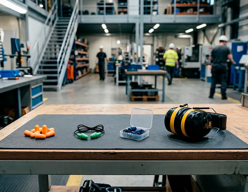 Quatro op&ccedil;&otilde;es de protetores auriculares expostos sobre uma mesa cinza em um ambiente industrial, incluindo plugs de espuma, plugs de silicone com cord&atilde;o e um abafador tipo concha, prontos para uso da equipe.
