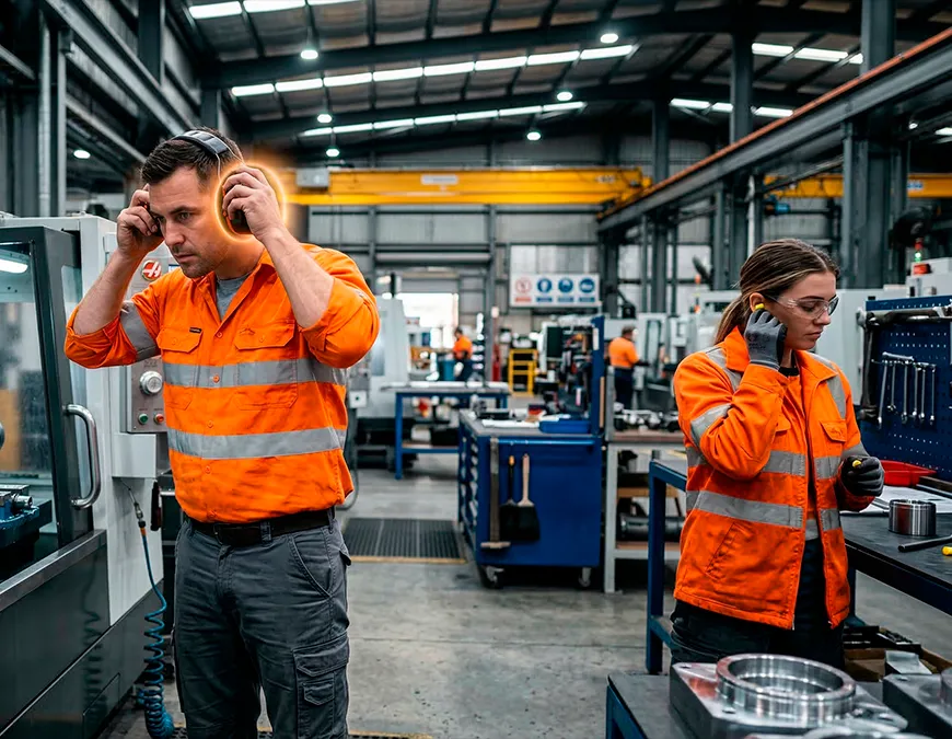 Dois trabalhadores industriais com uniformes de alta visibilidade no ch&atilde;o de f&aacute;brica; o homem ajusta um protetor auricular tipo concha e a mulher insere um protetor tipo plug para prote&ccedil;&atilde;o contra ru&iacute;do ocupacional.