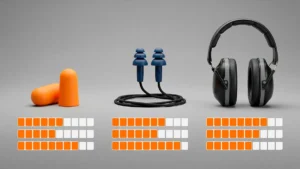 Infográfico comparativo de três tipos de protetores auditivos em fundo cinza: plug de espuma laranja, plug de silicone azul com cordão e abafador tipo concha preto, com gráficos laranjas ilustrando a atenuação de ruído de cada um.