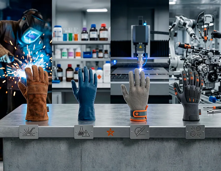 Quatro tipos de luvas de seguran&ccedil;a perfiladas em fundo cinza, com &iacute;cones ilustrativos de suas finalidades abaixo de cada uma: luva de PVC verde (l&iacute;quidos), luva anticorte cinza (l&acirc;minas), luva de couro marrom (calor), luva laranja (qu&iacute;mica) e luva preta com refor&ccedil;os (impacto).