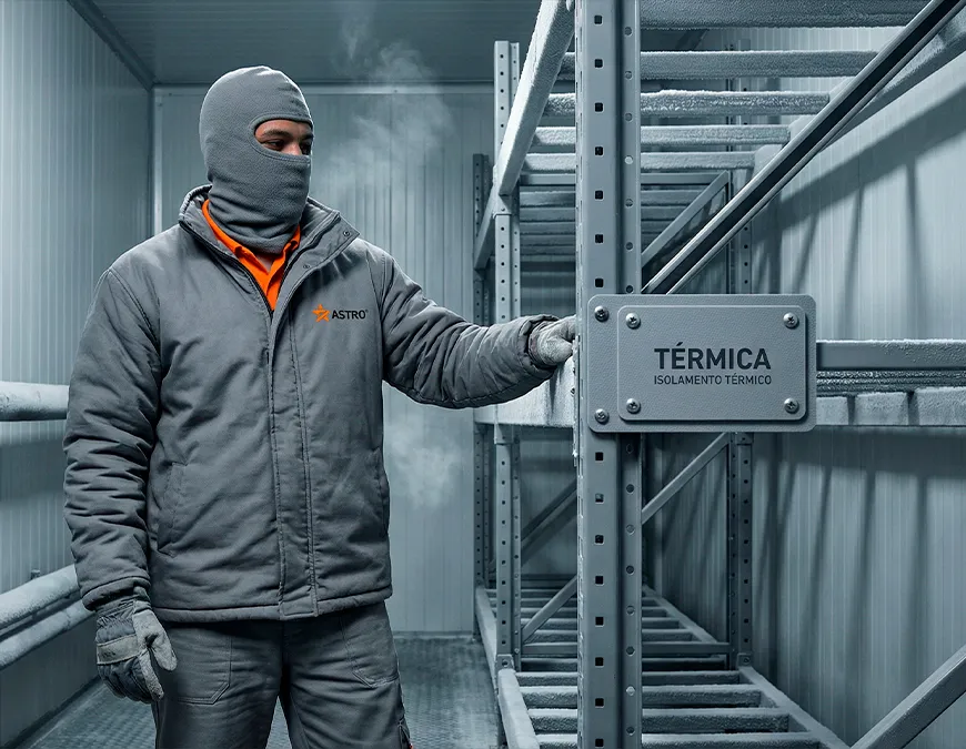 Trabalhador em c&acirc;mara fria utilizando balaclava t&eacute;rmica cinza, jaqueta de inverno e luvas, segurando prateleira de metal com placa indicativa de Isolamento T&eacute;rmico.