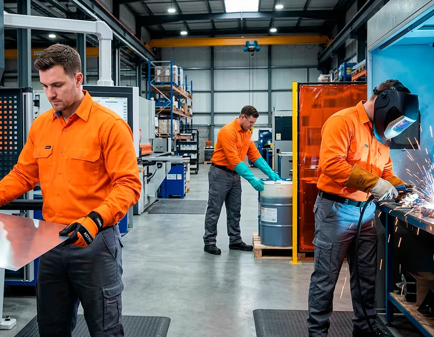 Tr&ecirc;s trabalhadores industriais vestindo uniformes laranjas e utilizando diferentes luvas de seguran&ccedil;a para suas respectivas tarefas: manuseio de chapas de metal, manipula&ccedil;&atilde;o de tambor qu&iacute;mico e opera&ccedil;&atilde;o de solda.
