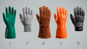 Montagem demonstrando três tipos de luvas de segurança: luva de raspa para solda, luva nitrílica azul para laboratório, luva anticorte de malha de aço e luva preta para proteção contra impacto na indústria mecânica.