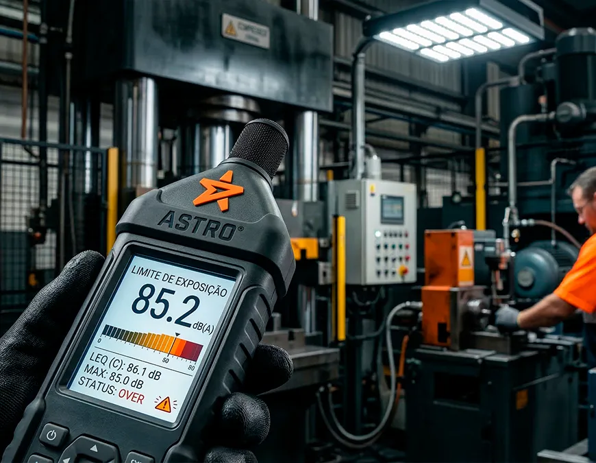 Close de um decibel&iacute;metro digital da marca Astro registrando 85.2 dB(A), ultrapassando o limite de exposi&ccedil;&atilde;o ao ru&iacute;do estabelecido pela NR-15, em frente a um torno mec&acirc;nico industrial.