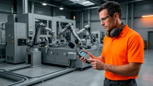 Técnico de segurança do trabalho com camisa laranja segurando um decibelímetro digital para medir o ruído do maquinário industrial, com o abafador de ruídos descansando no pescoço.