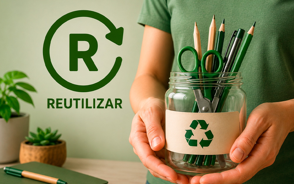 Reutilização de itens, pessoa segurando um pote com tesoura, lapís...