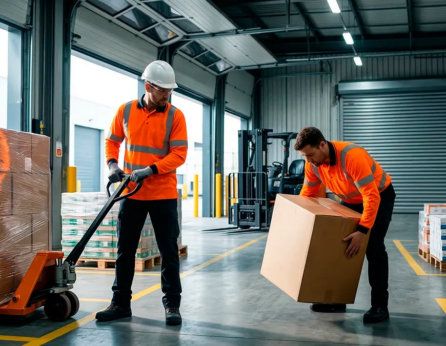 Dois trabalhadores em um galp&atilde;o log&iacute;stico; um opera uma paleteira manual corretamente, enquanto o outro comete um ato inseguro ao levantar uma caixa pesada com a postura incorreta.