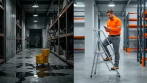 Montagem comparativa de riscos no trabalho: à esquerda, uma condição insegura com piso molhado e balde de limpeza em corredor escuro; à direita, um ato inseguro de um profissional usando o celular enquanto sobe em uma escada metálica.