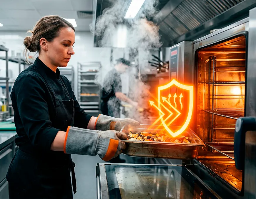 Profissional de cozinha retirando uma assadeira quente de um forno industrial com o uso de luvas t&eacute;rmicas de prote&ccedil;&atilde;o de cano longo, demonstrando a preven&ccedil;&atilde;o contra queimaduras.