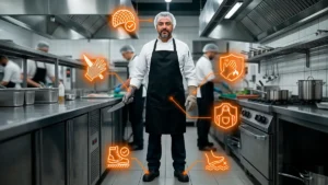 Chef de cozinha profissional com avental preto, de pé em uma cozinha industrial, cercado por ícones luminosos de segurança que representam os EPIs obrigatórios: touca, luvas anticorte, luvas térmicas, avental e calçados antiderrapantes.