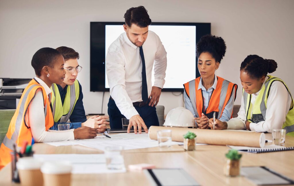 Equipe de arquitetura, constru&ccedil;&atilde;o ou engenharia em reuni&atilde;o para projeto de inova&ccedil;&atilde;o e desenvolvimento.
