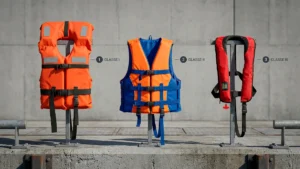 Três modelos de coletes salva-vidas utilizados em salvatagem alinhados em suportes metálicos, classificados com etiquetas de Classe I, Classe II e Classe III.