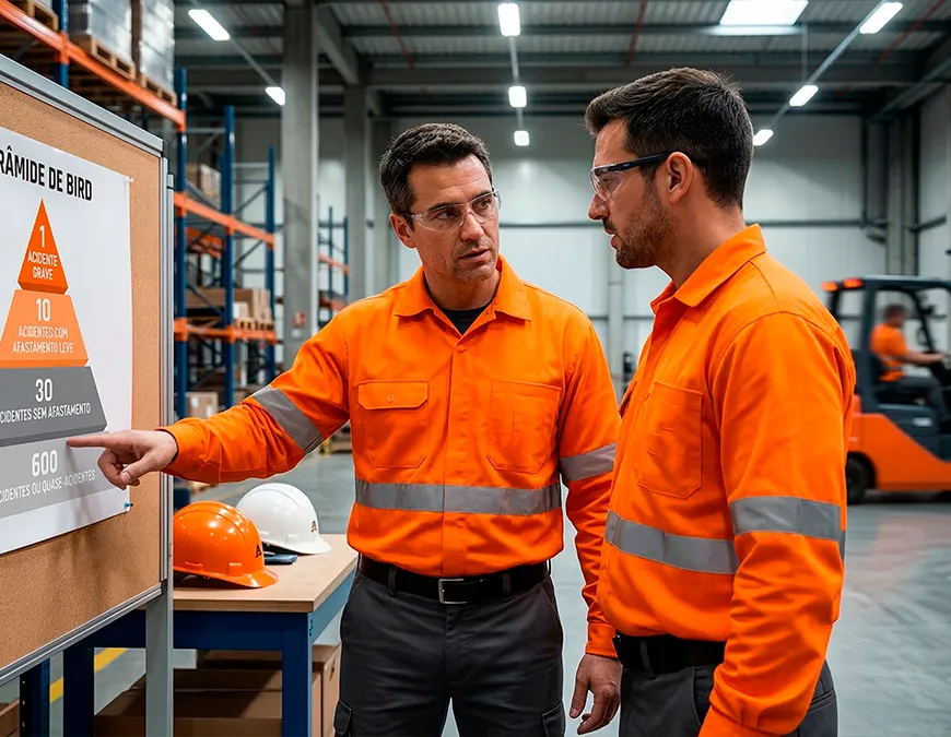 Dois gestores de seguran&ccedil;a ocupacional com uniformes laranjas e &oacute;culos de prote&ccedil;&atilde;o analisando a Pir&acirc;mide de Bird em um quadro de avisos no ambiente industrial.