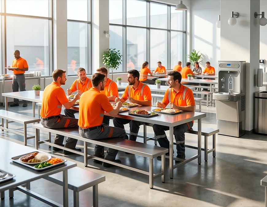Equipe de trabalhadores com uniformes laranjas sentados &agrave; mesa de a&ccedil;o inoxid&aacute;vel realizando uma refei&ccedil;&atilde;o em um refeit&oacute;rio industrial amplo, limpo e bem iluminado, ao lado de um bebedouro de &aacute;gua pot&aacute;vel.