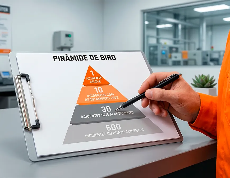 Detalhe de um profissional segurando uma caneta e apontando para a base da Pir&acirc;mide de Bird em uma prancheta, destacando a preven&ccedil;&atilde;o de incidentes e quase-acidentes.