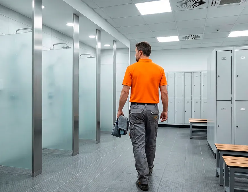 Profissional caminhando em um vesti&aacute;rio corporativo moderno, limpo e bem iluminado, segurando uma toalha em dire&ccedil;&atilde;o &agrave; &aacute;rea de chuveiros isolados, conforme regulamenta a NR 24.