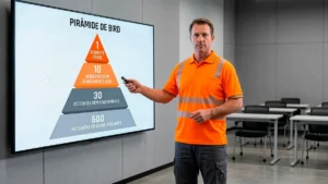 Instrutor de segurança do trabalho apontando para a Pirâmide de Bird em um painel digital, demonstrando a proporção de 1 acidente grave para 600 incidentes na gestão de riscos.