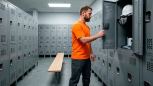 Trabalhador vestido camisa laranja abrindo seu armário individual de metal em um vestiário industrial, demonstrando o cumprimento das condições de conforto e higiene exigidas pela NR 24.