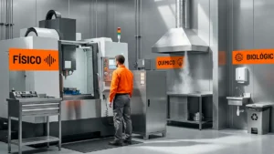 Profissional de costas operando maquinário em ambiente industrial com painéis laranjas destacando a presença de agentes nocivos: risco físico, risco químico e risco biológico.