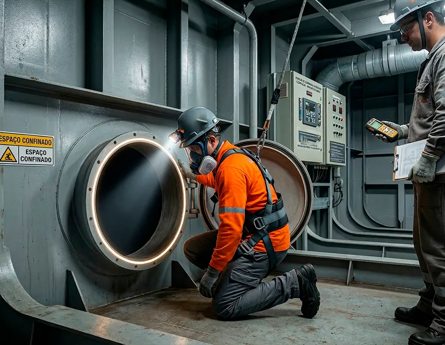 Inspetor de seguran&ccedil;a utilizando lanterna de cabe&ccedil;a, respirador e cinto de seguran&ccedil;a (trava-quedas) enquanto examina a entrada de um espa&ccedil;o confinado em uma embarca&ccedil;&atilde;o. Ao lado, outro t&eacute;cnico segura um detector de gases.