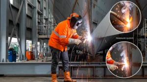Profissional da indústria naval executando trabalho a quente (soldagem) no casco de um navio. O trabalhador usa EPIs completos, incluindo máscara de solda, jaqueta antichama e luvas de raspa.