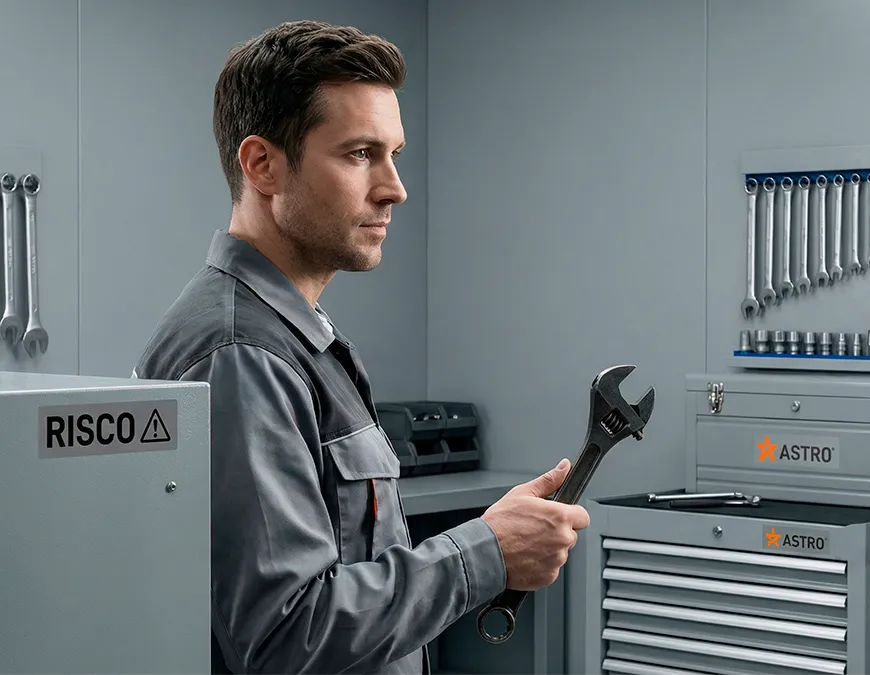 Profissional agindo com complac&ecirc;ncia no ambiente de trabalho, segurando uma chave de boca sem a utiliza&ccedil;&atilde;o de equipamentos de prote&ccedil;&atilde;o individual (EPIs), pr&oacute;ximo a um painel com sinaliza&ccedil;&atilde;o de RISCO.
