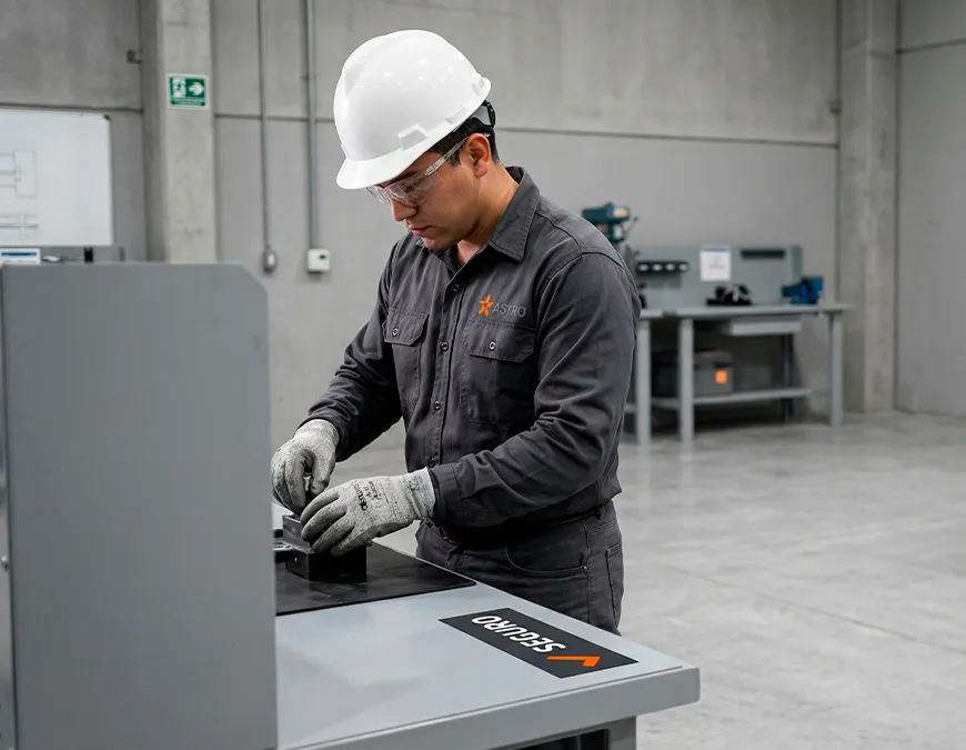 Profissional da ind&uacute;stria combatendo a complac&ecirc;ncia ao trabalhar de forma correta, utilizando EPIs completos como capacete branco, &oacute;culos de prote&ccedil;&atilde;o e luvas de seguran&ccedil;a em uma bancada de opera&ccedil;&atilde;o.