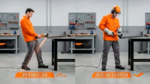 Comparativo de segurança contra a complacência no trabalho: à esquerda, um profissional sem EPI operando uma lixadeira sobre uma marcação de RISCO; à direita, o mesmo profissional executando a tarefa de forma segura, utilizando capacete, protetor facial, abafador e luvas sobre uma marcação de SEGURO.