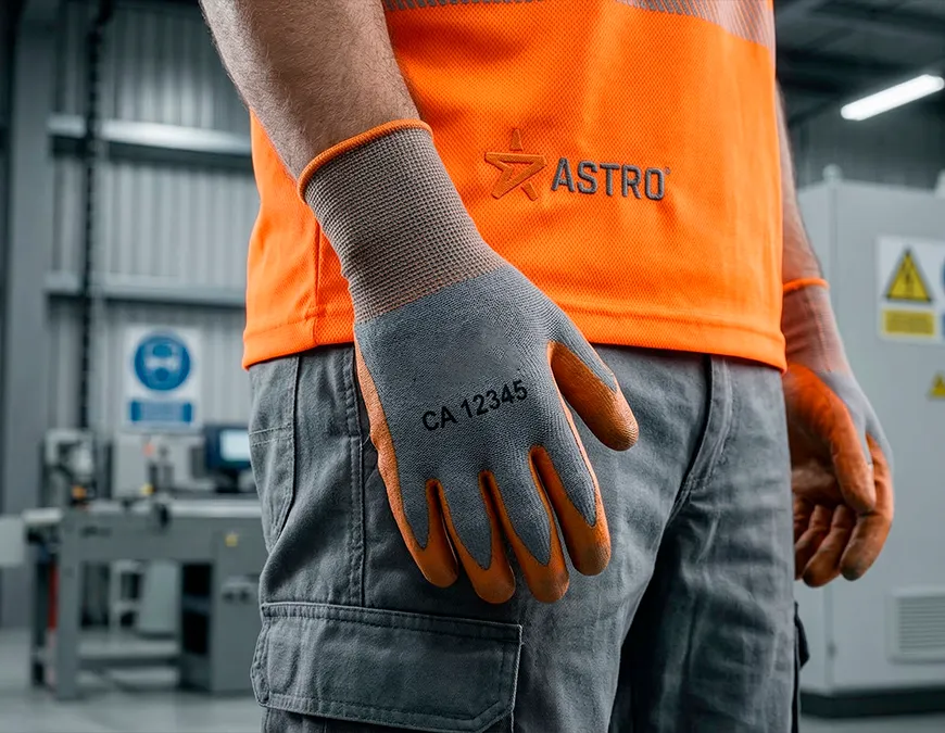 Trabalhador vestindo uniforme laranja da Astro, com a m&atilde;o no bolso, exibindo uma luva de seguran&ccedil;a cinza e laranja com a numera&ccedil;&atilde;o do CA impressa de forma leg&iacute;vel no dorso.