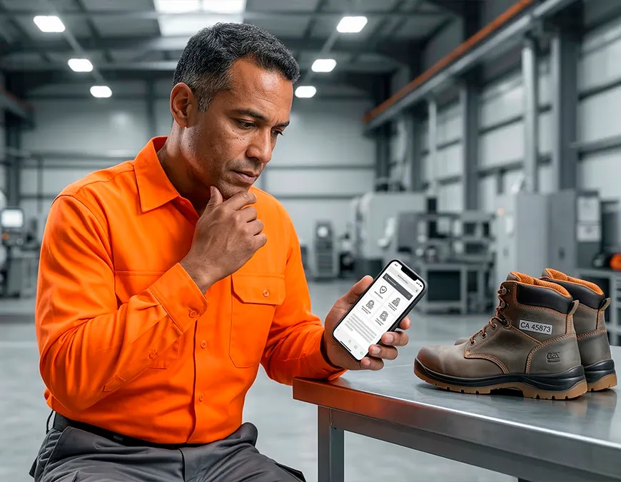 Profissional de seguran&ccedil;a do trabalho analisando a tela de um smartphone para consultar a validade do CA de um par de botas de seguran&ccedil;a sobre a mesa met&aacute;lica de uma f&aacute;brica.