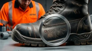 Close-up de uma bota de segurança industrial de couro com uma lupa destacando a gravação do número do Certificado de Aprovação (CA) na lateral do calçado.
