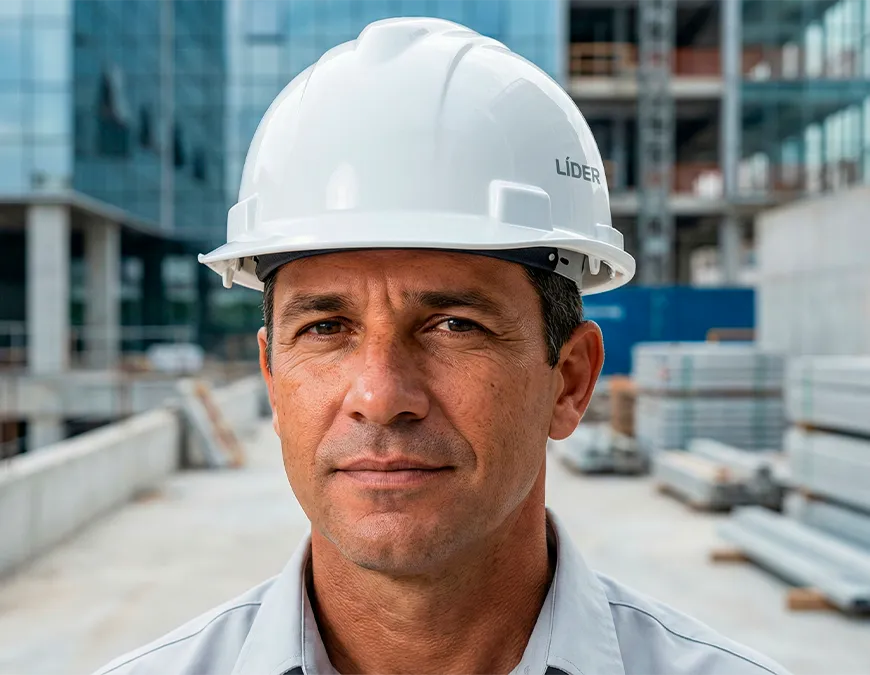 Engenheiro l&iacute;der usando capacete branco de seguran&ccedil;a no canteiro de obras