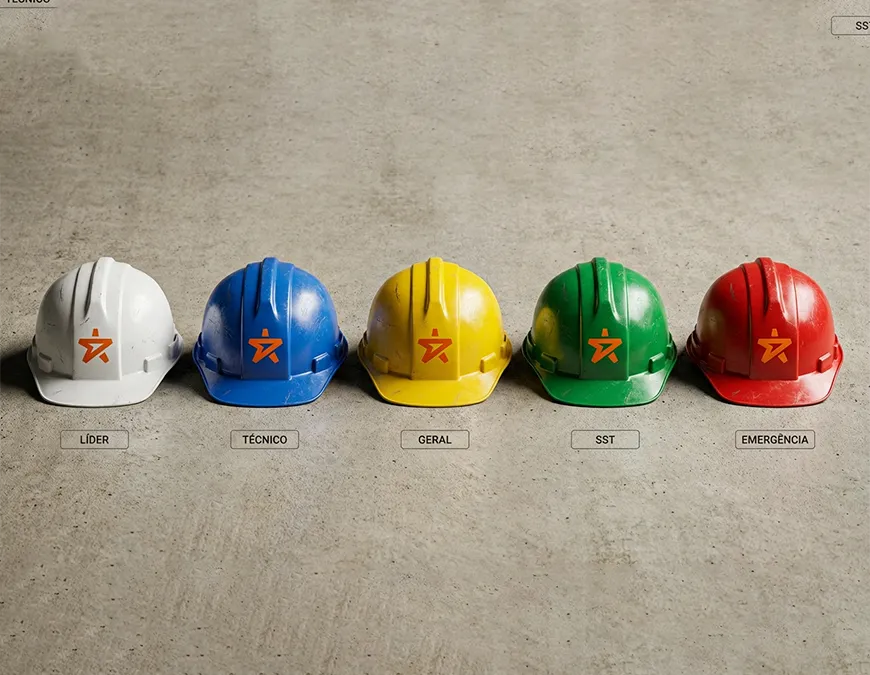 Padr&atilde;o de cores de capacete de obra em perfil: branco, azul, amarelo, verde e vermelho