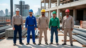 trabalhadores de obra, utilizando capacetes de diferentes cores como branco, verde, azul e amarelo