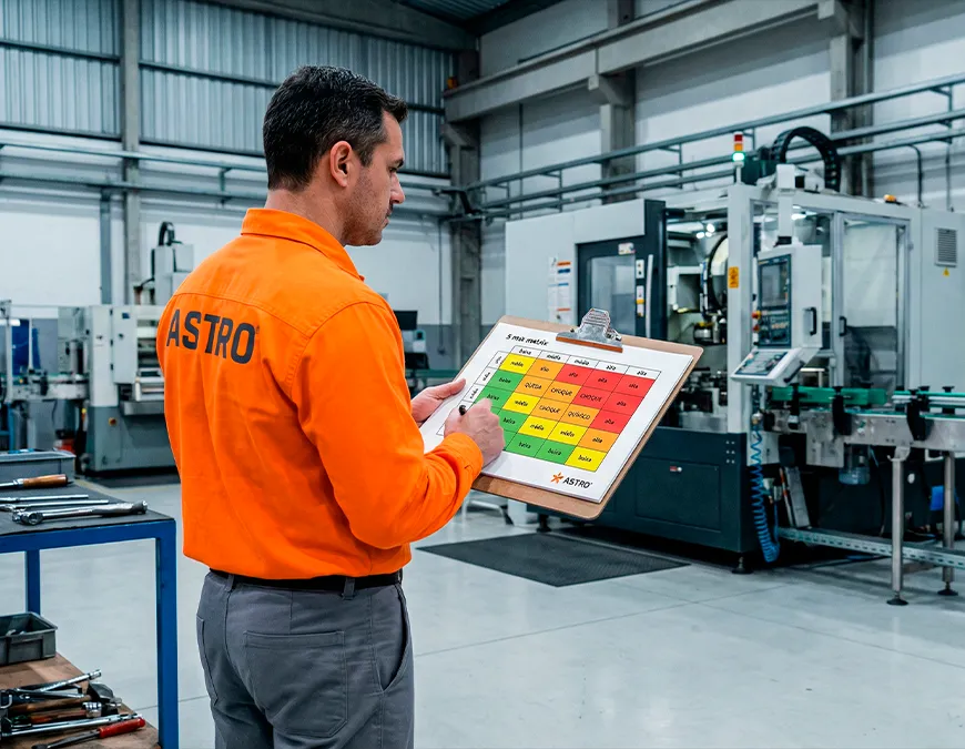 Gestor de seguran&ccedil;a vestindo camisa laranja Astro segurando uma prancheta com uma matriz 5x5 colorida, mapeando os riscos operacionais em frente a maquin&aacute;rios industriais.
