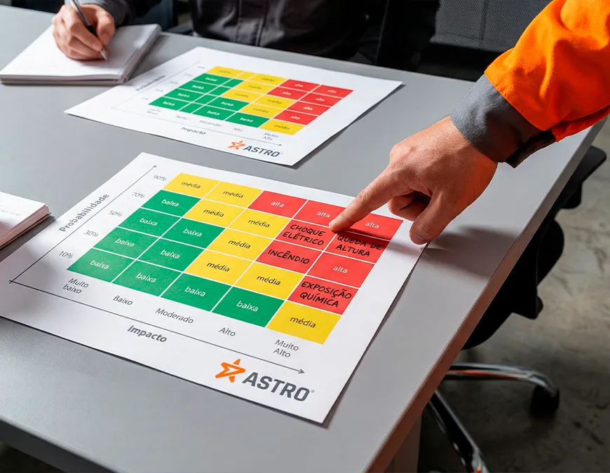 Profissionais reunidos em uma mesa analisando duas matrizes de risco impressas. O dedo de um deles aponta para as zonas de alto risco em vermelho, priorizando acidentes como choque el&eacute;trico e inc&ecirc;ndio.