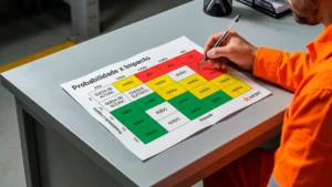 Profissional de segurança ocupacional preenchendo uma matriz de risco impressa sobre uma mesa, marcando a interseção de probabilidade e impacto para a gestão de segurança.
