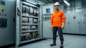 Eletricista industrial em pé, vestindo uniforme antichama laranja, capacete branco, óculos de segurança e botas dielétricas, posicionado em frente a um grande painel elétrico aberto.
