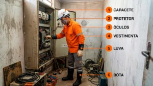 Eletricista com kit completo de EPI para eletricista NR-10 operando painel elétrico em sala técnica. Legendas indicam capacete, protetor, óculos, vestimenta, luva e bota.