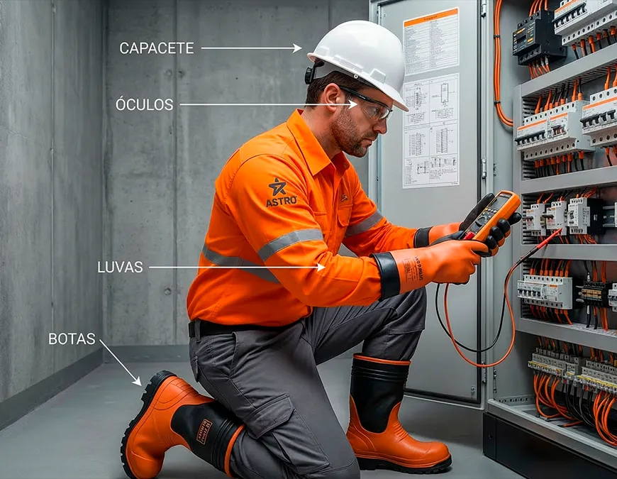 Eletricista agachado utilizando um mult&iacute;metro em um quadro de energia. A imagem possui setas indicativas destacando o uso correto dos EPIs obrigat&oacute;rios: capacete, &oacute;culos, luvas isolantes e botas.