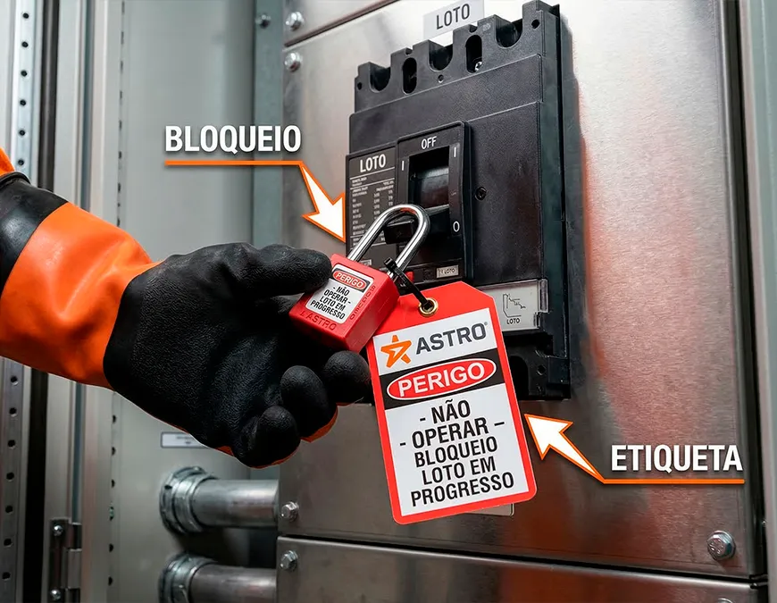 Detalhe de uma m&atilde;o com luva isolante aplicando um cadeado de bloqueio vermelho (LOTO) e uma etiqueta de perigo em um disjuntor industrial para evitar o risco de choque el&eacute;trico durante a manuten&ccedil;&atilde;o.