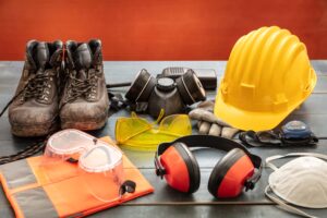 Equipamentos de proteção individual para segurança no trabalho. Equipamentos de proteção industrial sobre mesa de madeira, fundo vermelho. Conceito de saúde e segurança em canteiro de obras.